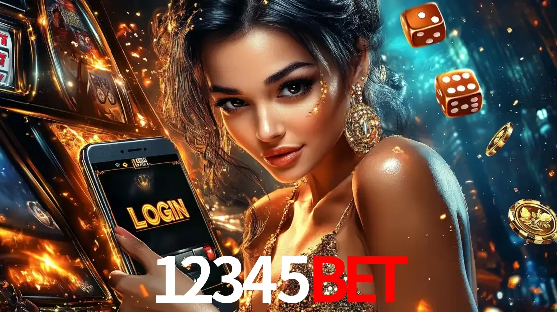Mulher glamourosa segurando um celular com a tela de login do cassino 12345bet, rodeada por dados e moedas douradas, pronta para começar a diversão.