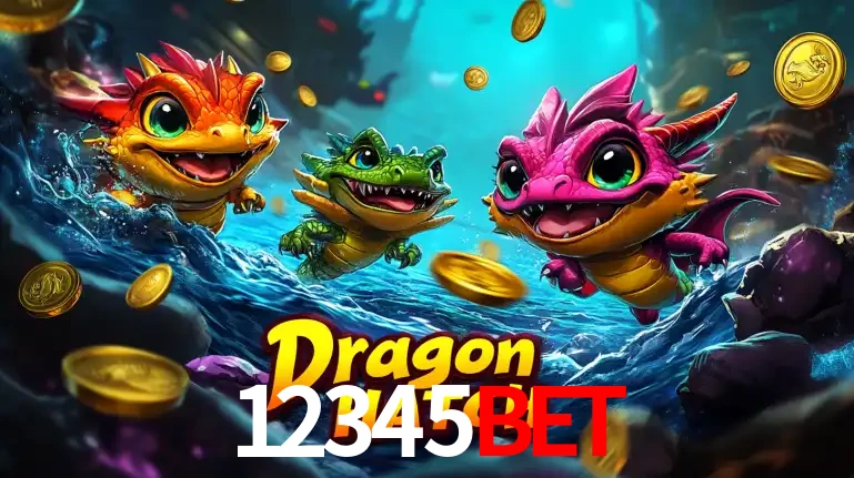 Arte promocional do jogo Dragon Hatch com três adoráveis dragões bebês nadando entre moedas de ouro, um dos slots mais divertidos para jogar no cassino 12345bet.