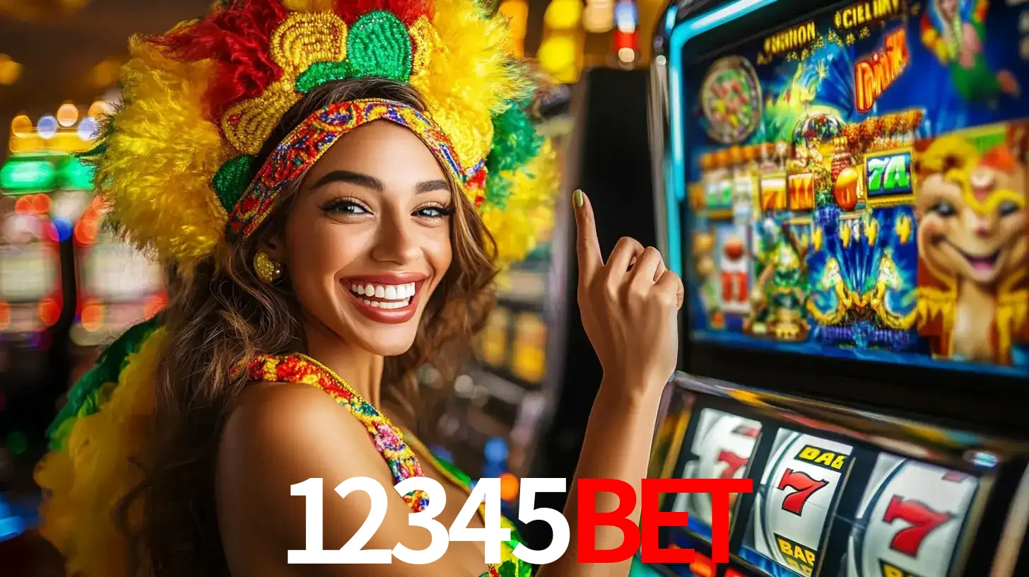 Mulher animada com um cocar de carnaval apontando para uma máquina de caça-níqueis, mostrando a emoção de ganhar um grande prêmio nos jogos do 12345bet.
