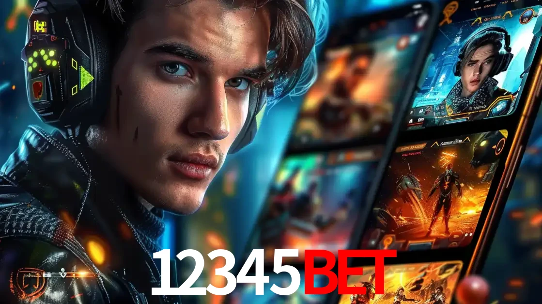 Jovem jogador com fones de ouvido olhando para a câmera, com um aplicativo de jogos e e-sports para celular ao fundo, pronto para a competição e apostas no 12345bet.