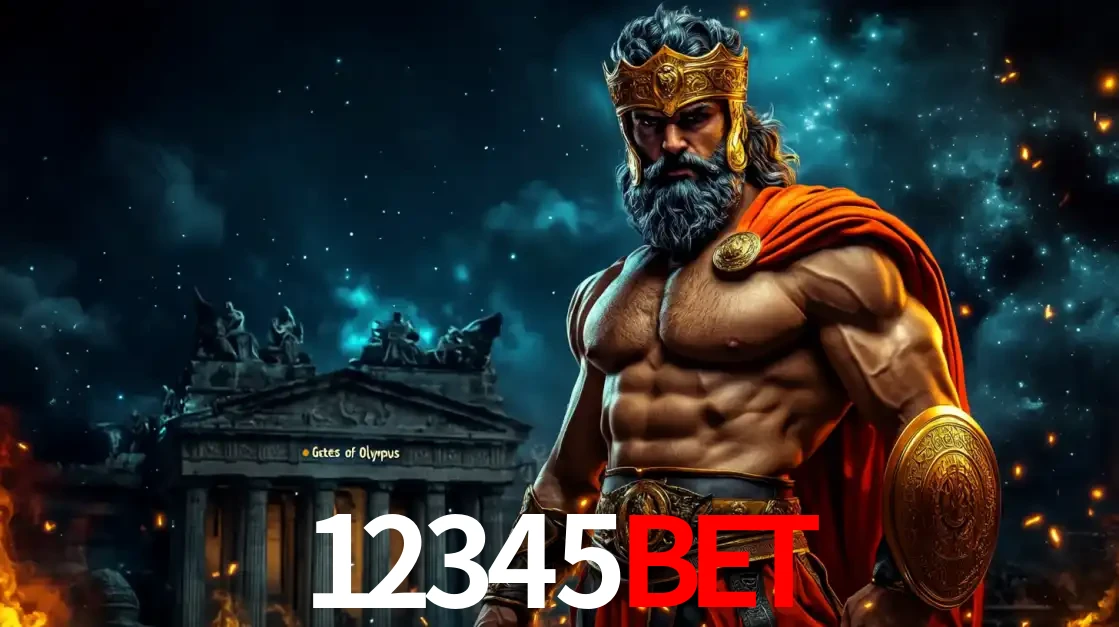 O poderoso Zeus do jogo de slot Gates of Olympus em frente ao seu templo, pronto para lançar multiplicadores divinos e prêmios épicos no cassino online 12345bet.