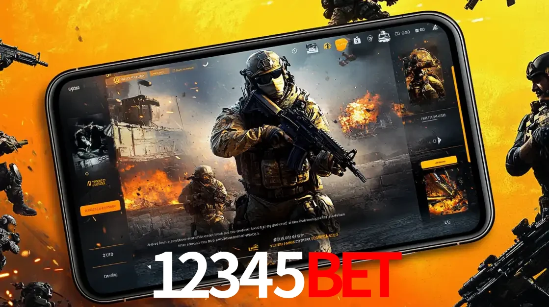 Um smartphone exibindo a interface de um jogo de tiro em primeira pessoa, com um soldado em um cenário de batalha, representando a ação dos e-sports para apostar no 12345bet.