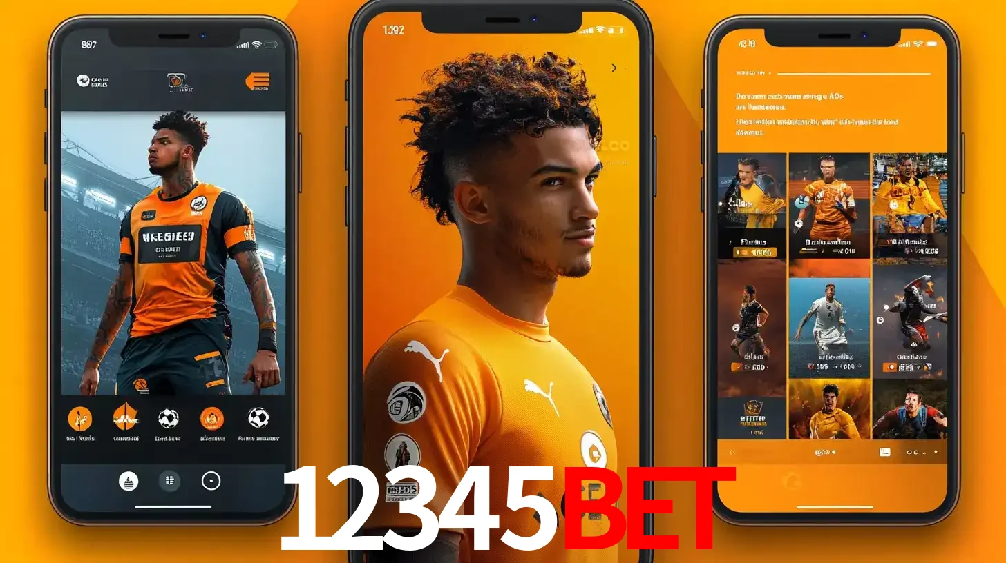 Interface do aplicativo de apostas esportivas 12345bet em três telas de celular, mostrando o perfil de um jogador de futebol e a lista de jogos disponíveis para apostar.