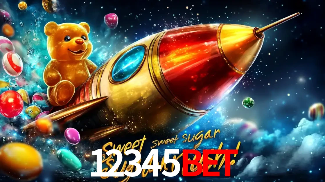 Arte promocional do jogo de slot Sugar Rush, com um urso de pelúcia em um foguete viajando pelo espaço de doces, um dos jogos divertidos disponíveis no cassino 12345bet.