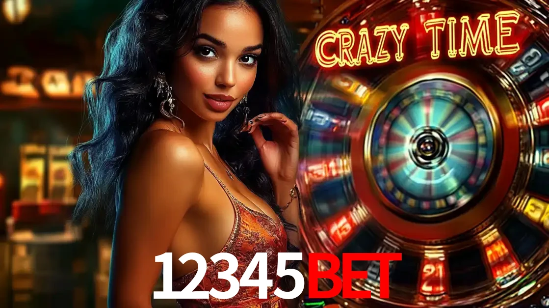 Mulher elegante ao lado da vibrante roda da fortuna do jogo de cassino ao vivo Crazy Time, um dos game shows mais populares e cheios de prêmios do 12345bet.