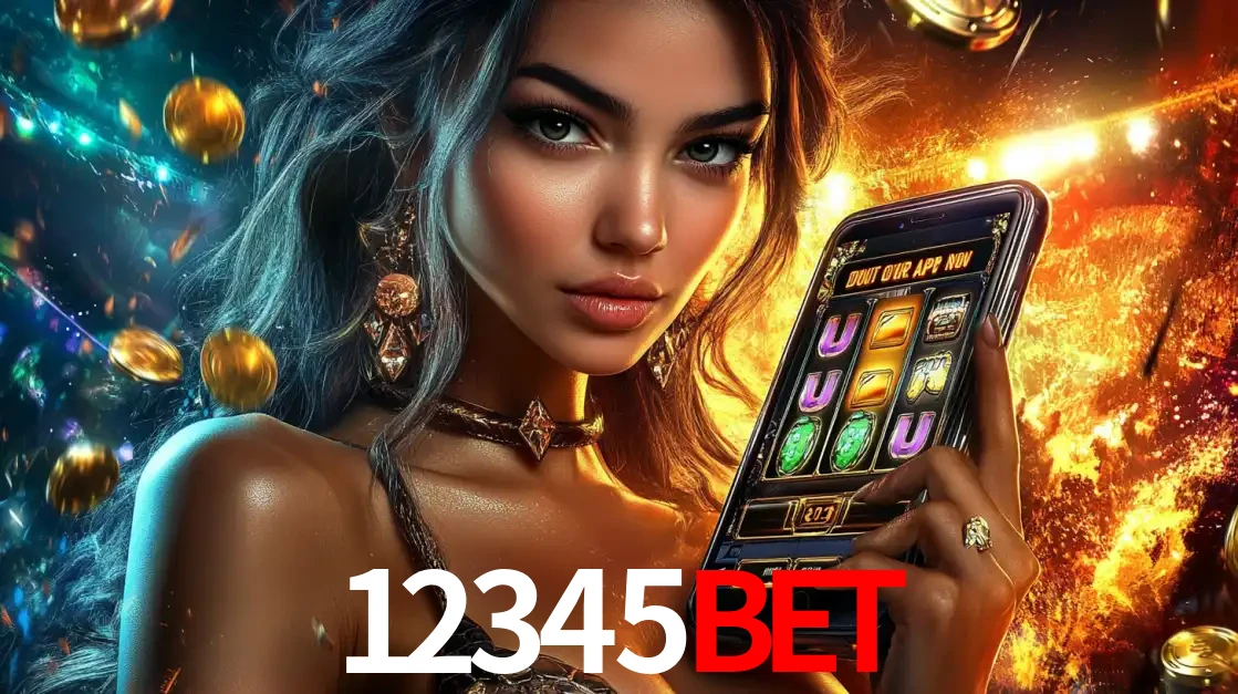 Mulher elegante mostrando um jogo de caça-níqueis em seu smartphone, destacando a experiência de cassino móvel oferecida pelo aplicativo 12345bet.