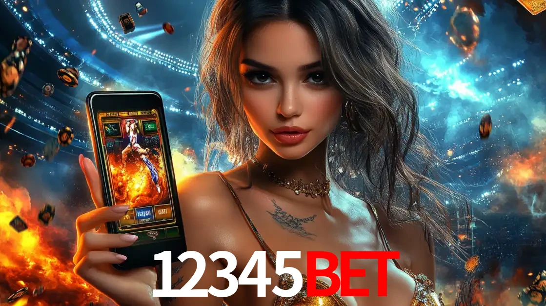 Mulher segurando um celular com um jogo de slot em destaque, tendo como fundo um estádio vibrante, simbolizando a emoção de jogar no cassino móvel 12345bet.
