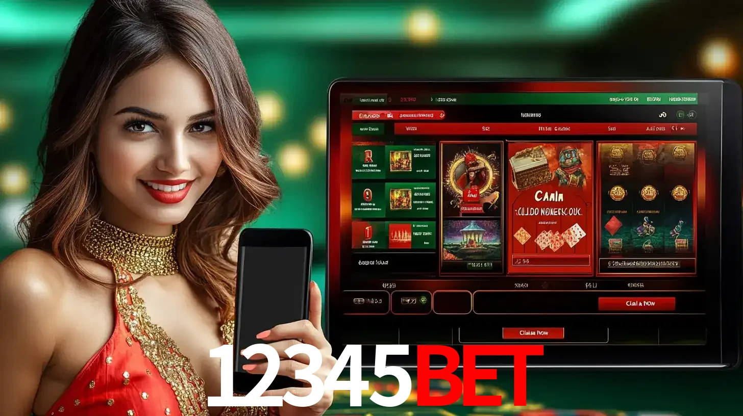 Mulher sorridente segurando um smartphone, ao lado de uma tela exibindo o lobby de jogos do cassino online 12345bet, com várias opções de jogos de cartas e slots.
